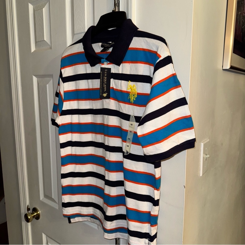 U.S. Polo Assn. Boy's XL 18/20 NWT Striped Polo Shirt Orange Blue White Logo - Picture 6 of 9